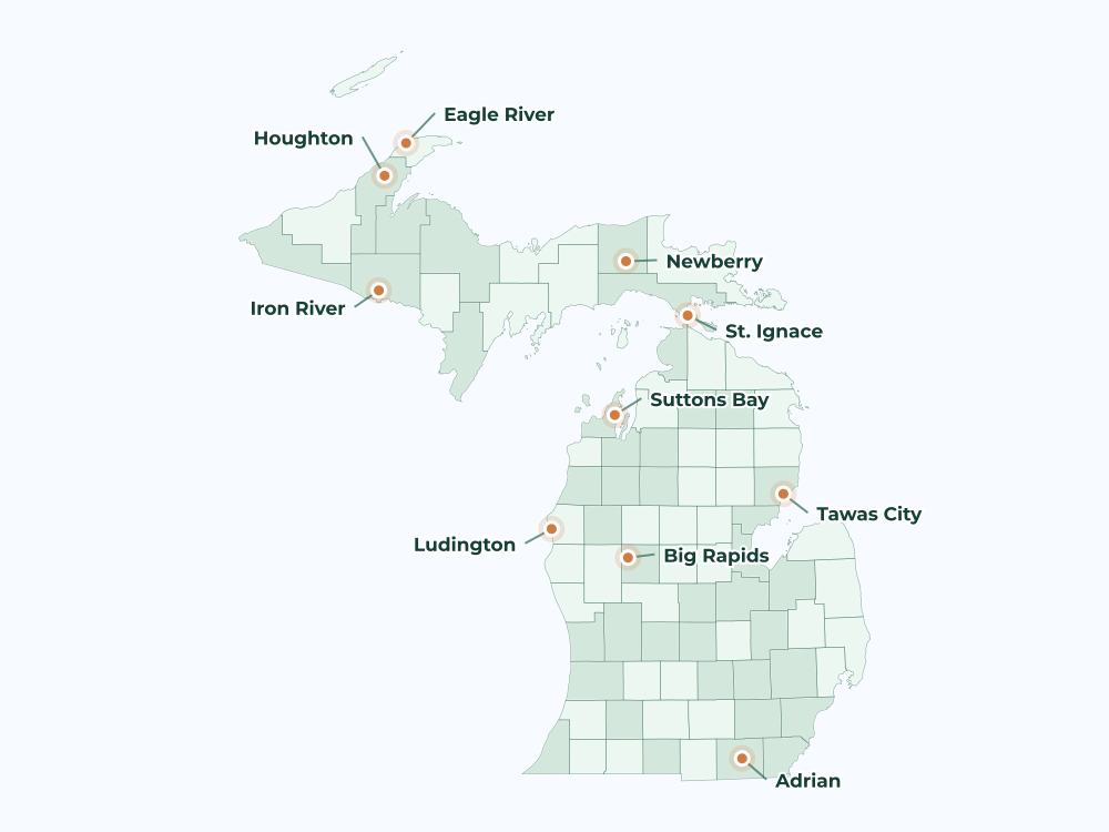 Accurate Michigan land service area map showing key city markers for Battle Creek, Jackson, Port Huron, Monroe, Midland, Bay City, Cadillac, and Alpena